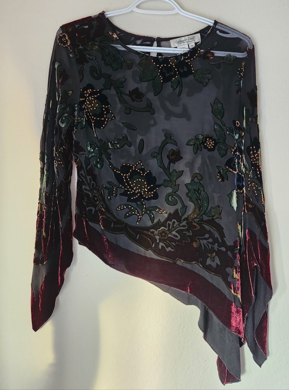 Coldwater Creek Vintage Sheer Velvet Floral Asymmetrical Blouse